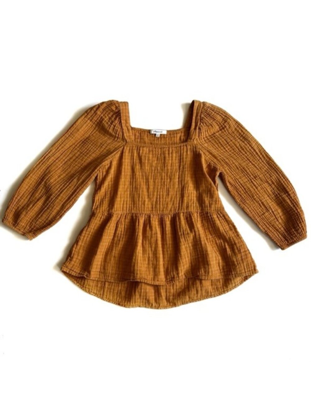 Madewell Dark Yellow Pinstriped 3/4 Sleeve Peplum Square Neck Top - XS